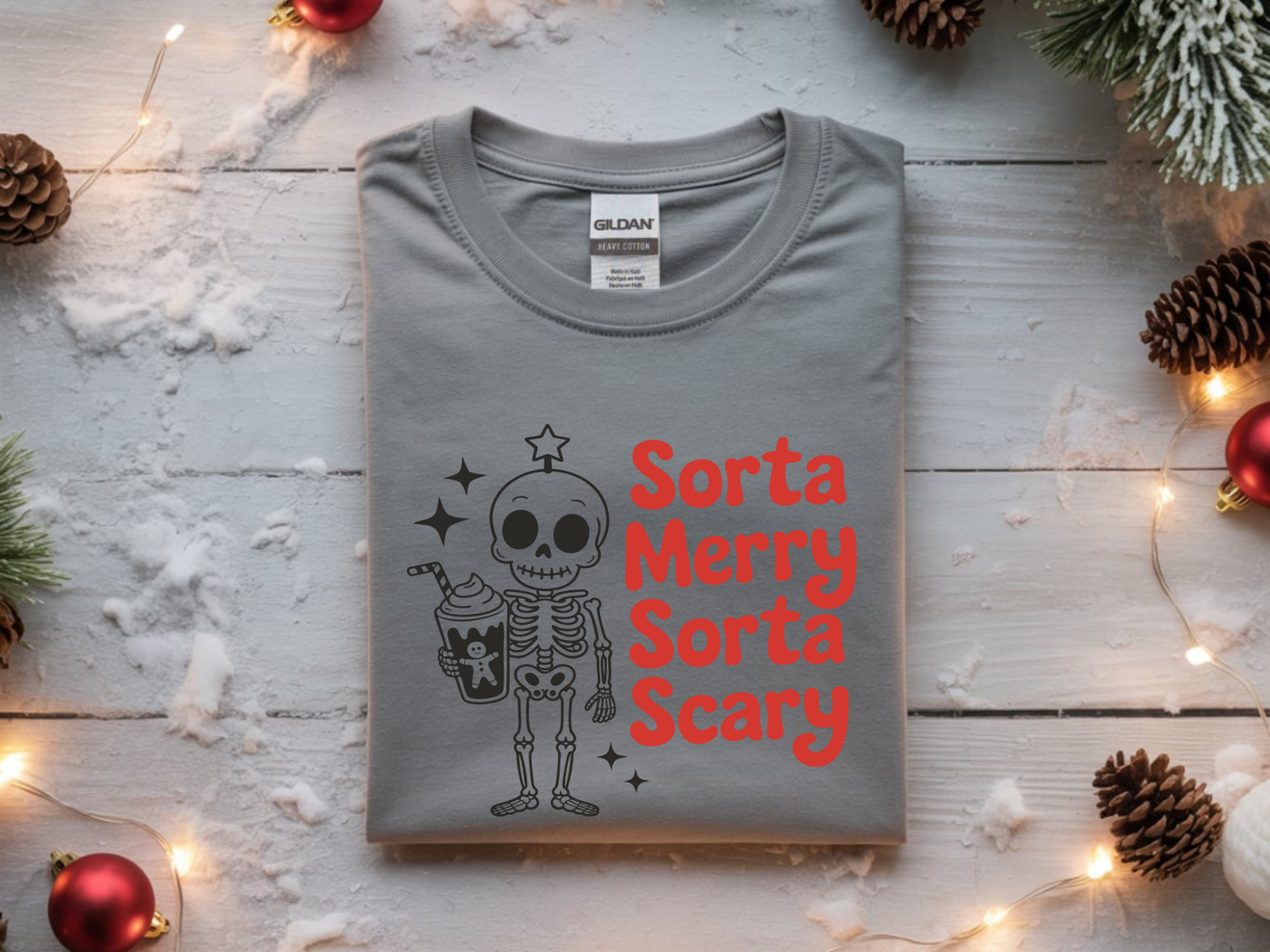 Sorta Merry, Sorta Scary Skeleton Christmas Graphic Tee