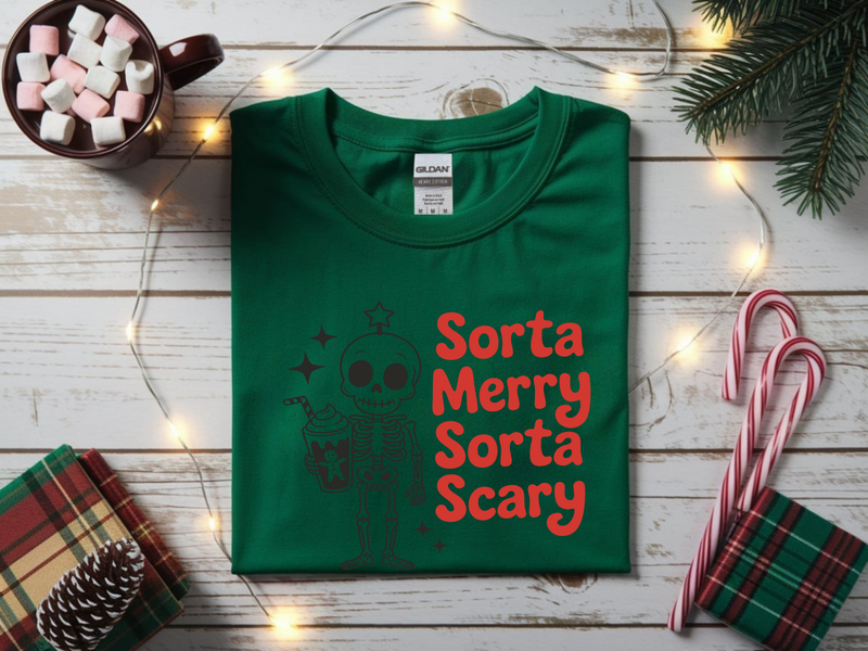 Sorta Merry, Sorta Scary Skeleton Christmas Graphic Tee