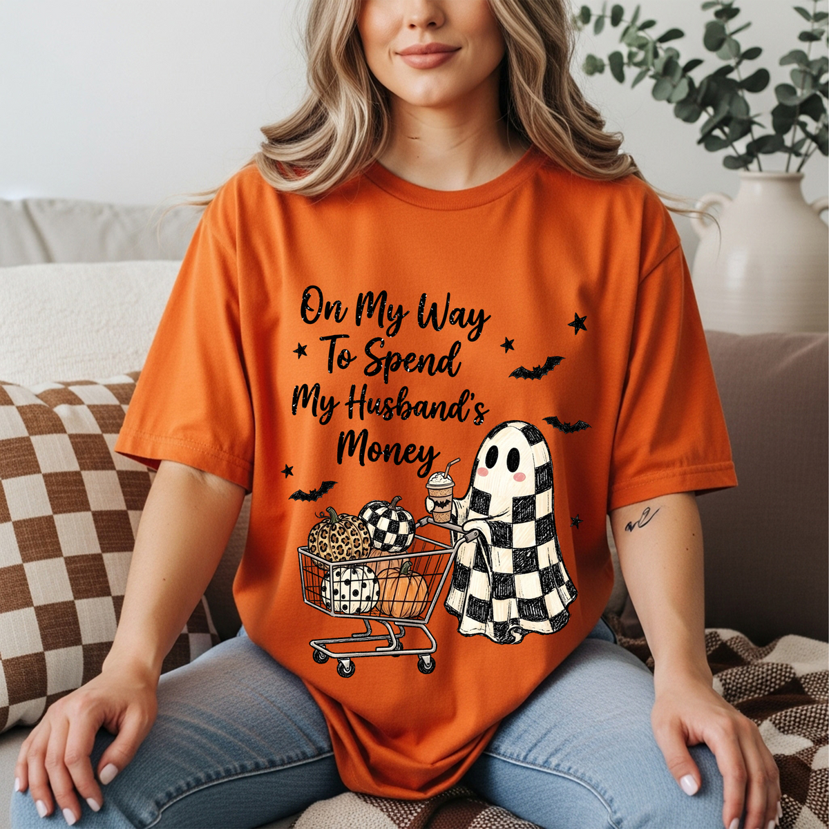 On My Way to Spend My Husband’s Money Ghost Halloween Graphic Tee