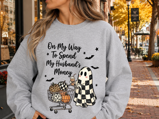 On My Way to Spend My Husband’s Money Ghost Halloween Graphic Tee