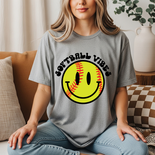 Softball Vibes Smiley Tee – Cute Game Day Softball Shirt