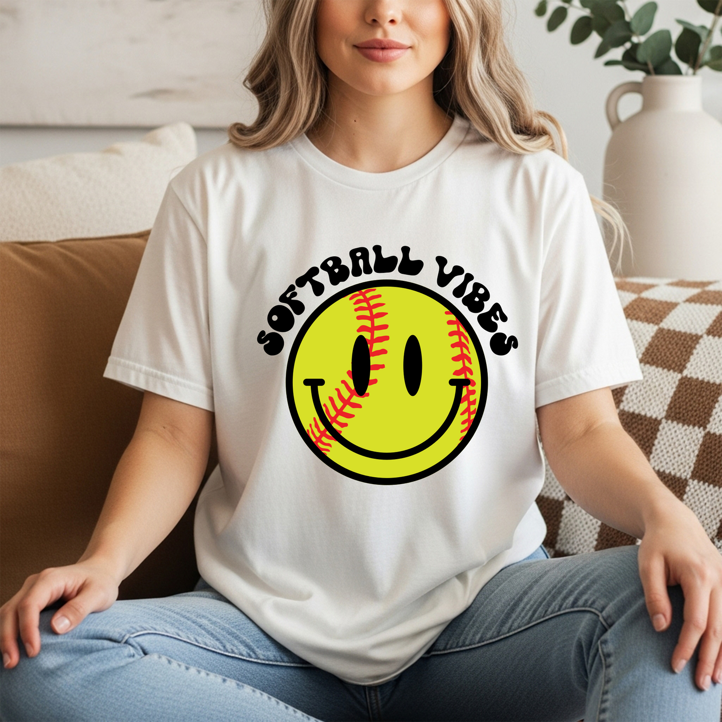 Softball Vibes Smiley Tee – Cute Game Day Softball Shirt